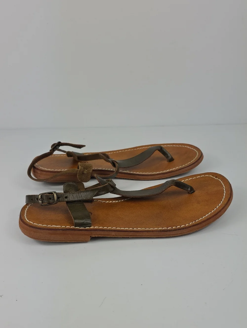 Vintage Homemade Green Olive Leather Unique Foot-Shaped Leather Sandals 8